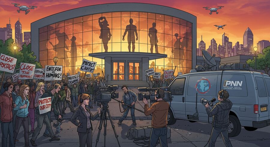 Protestors outside the Paragon City Cultural Center