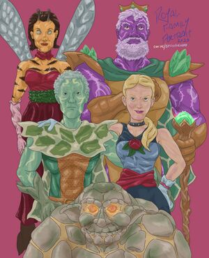 Portait featuring a bee woman, cabbage man, vegetaboy, sassy princess, and a loveable rock beast.